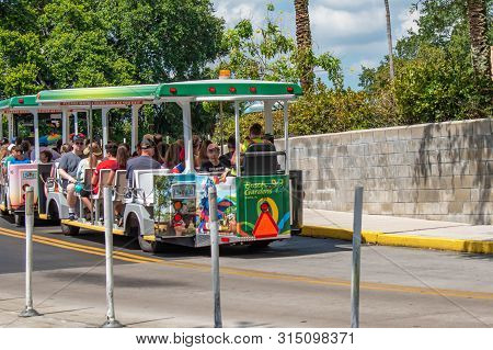Florida. July 12, 2019 .trams Used To Transport Visitors Between The Parking Lot And The Entrance