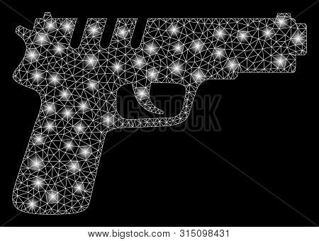 Glossy Mesh Pistol Gun With Glitter Effect. Abstract Illuminated Model Of Pistol Gun Icon. Shiny Wir