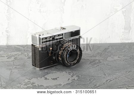 Moscow, Russia, August 02, 2019. The Old Soviet Rangefinder Automatic Film Camera Sokol Automat, Rel