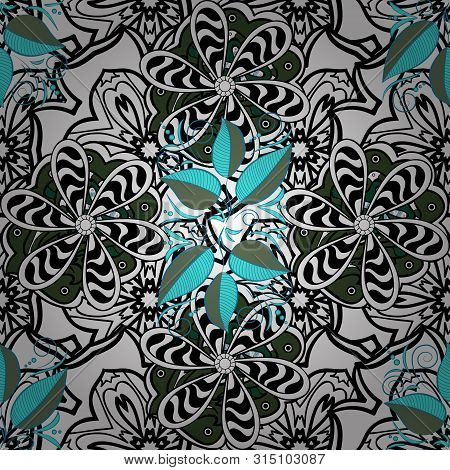 Palm Leaf Pattern On White, Blue And Black Colors. Raster Illustration. Seamless Raster Illustration