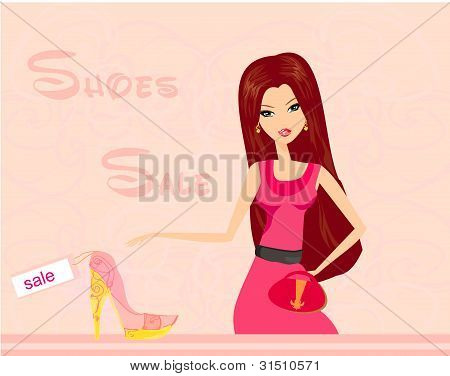 Lager Vektor-Illustration: Mode MÃ¤dchen im Schuh-Shop einkaufen