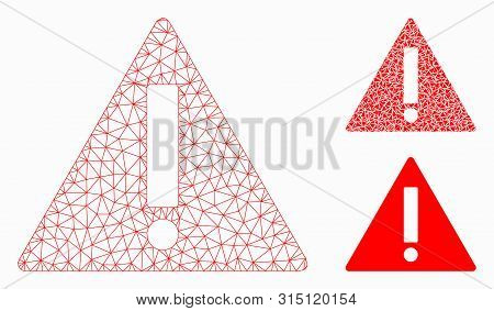 Mesh Warning Model With Triangle Mosaic Icon. Wire Carcass Polygonal Mesh Of Warning. Vector Mosaic 