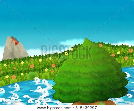 Cartoon Scene With Stream Or River Near Some Jungle And Active Volcano With Nobody On The Stage - Il