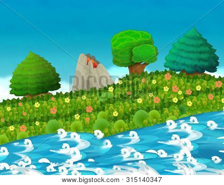 Cartoon Scene With Stream Or River Near Some Jungle And Active Volcano With Nobody On The Stage - Il