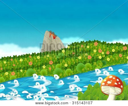 Cartoon Scene With Stream Or River Near Some Jungle And Active Volcano With Nobody On The Stage - Il
