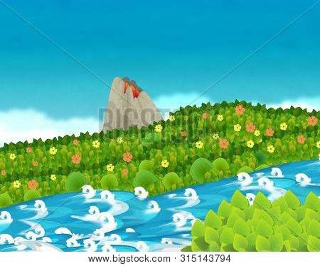 Cartoon Scene With Stream Or River Near Some Jungle And Active Volcano With Nobody On The Stage - Il