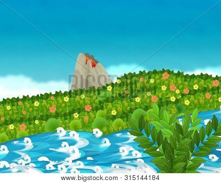 Cartoon Scene With Stream Or River Near Some Jungle And Active Volcano With Nobody On The Stage - Il