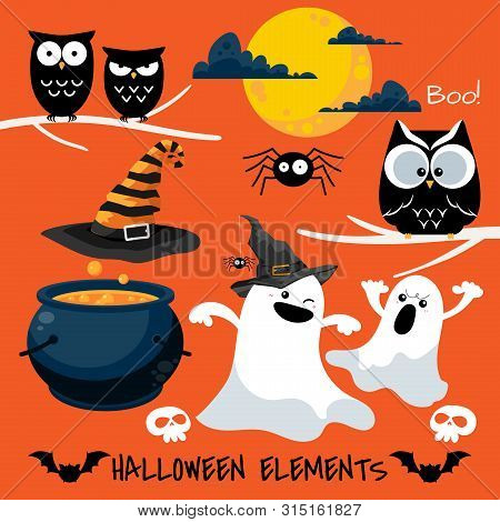 Set Of Halloween Elements And Symbols. Vector Illustration