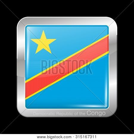 Flag Of Democratic Republic Of The Congo. Glossy And Metal Icon Square Shape. Vector Button