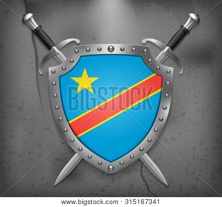 Flag Of Democratic Republic Of The Congo. The Shield With National Flag. Two Crossed Swords. Vector 