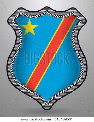 Flag Of Democratic Republic Of The Congo. Metal And Glass Round Vector Icon. Isolated On Gray