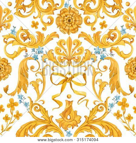 Watercolor Golden Baroque Pattern Rococo Ornament Rich Luxury Print