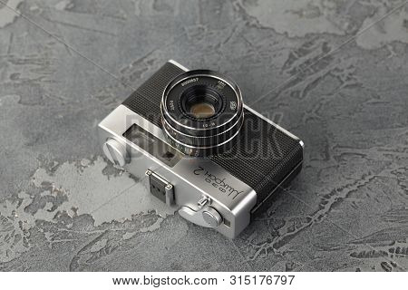 Moscow, Russia, August 03, 2019. The Old Soviet Rangefinder Automatic Film Camera Fed Micron-2, Rele