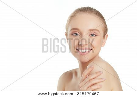 Portrait Of Beautiful Woman With Natural Make Up On White Background