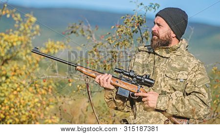 Bearded Hunter Spend Leisure Hunting. Hunting Equipment For Professionals. Hunting Is Brutal Masculi