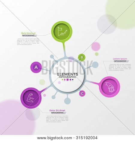 Three Colorful Round Elements With Linear Symbols Inside Connected To Main Paper White Circle And Pl