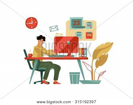 Character Working At Computer. Trendy Modern Scene With Creative Man Professional With Laptop At Hom