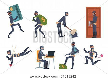 Cartoon Thief. Car Burglary And House Robbery Flat Scenes, Criminal Person Wearing Black Clothes. Ve