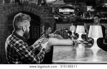 Take Photo To Remember Party. Hipster Making Fun Of Drunk Friend. Man Drunk Fall Asleep And Guy With