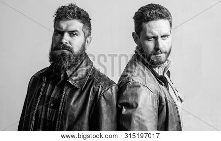 Feel Confident In Brutal Leather Clothes. Brutal Men Wear Leather Jackets. Men Brutal Bearded Hipste