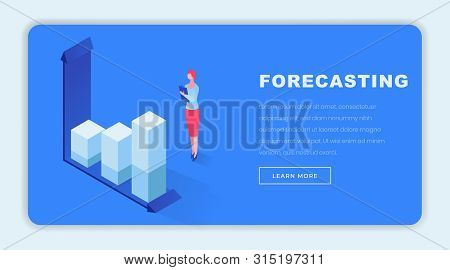 Business Forecasting Isometric Webpage Template. Cartoon Female Marketing Expert Analyzing Statistic