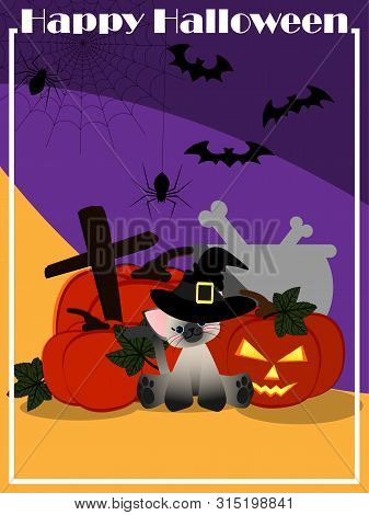 Vector Illustration Of Cute Cat Have Witch Hat Sitting On Pumpkin Lantern Near Spiders Hanging On Sp
