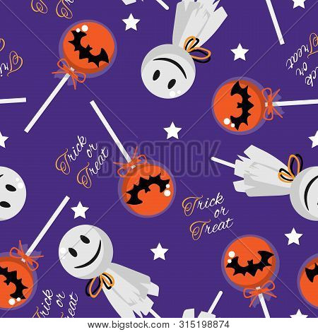 Halloween Seamless Pattern With Halloween Lollipop And Trick Or Treat Text.