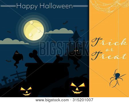 Halloween Background With Haunted House With Moon And Happy Halloween Text ,halloween Elements Spide