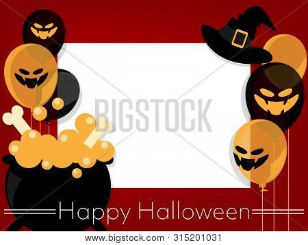 Halloween Background With Witch Cauldron, Witch Hat, Balloons And Happy Halloween Text With Space Fo