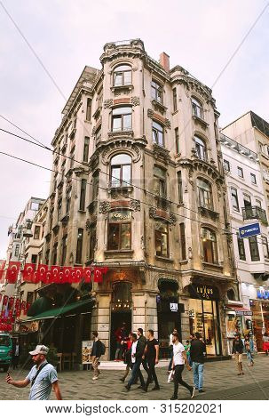 Istanbul, Turkey - May 15, 2019: Pedestrian Tourist Street Istiklal. Istiklal Street Is The Most Pop