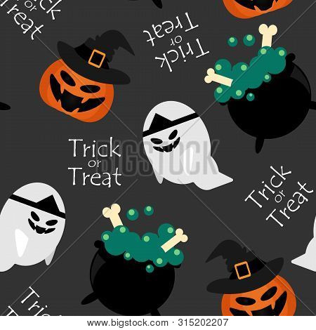 Halloween Seamless Pattern With Pumpkin With Witches Hat, Ghost , Witch Cauldron And Trick Or Treat 