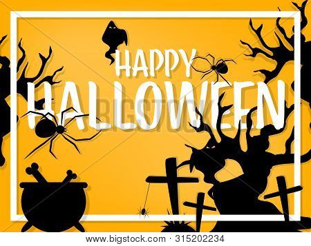 Halloween Background With Halloween Elements, Spiders And Web And Happy Halloween Text.