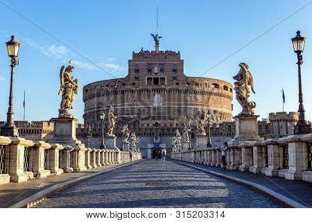 Rome, Italy - June 13 2019: Ponte Santangelo At Dawn With Castel Santangelo In Background - Rome Ita
