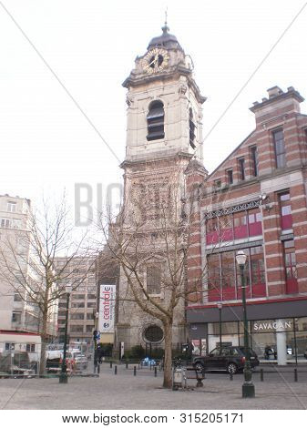 Bell Tower With Clock Of The Church Of Saint Catherine In Brussels. March 22, 2013. Brussels, Belgiu