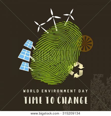 World Environment Day Illustration For Green Energy Concept. Human Fingerprint With Solar Panels And