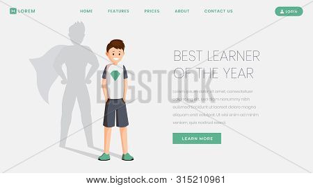 Best Learner Landing Page Vector Template. Best Pupil, Excellent Schoolkid Of Year Website, Webpage.