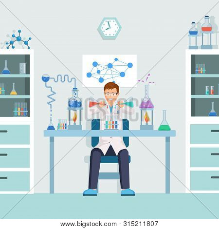 Lab Worker Doing Test Flat Illustration. Male Chemist, Researcher Mixing Liquids In Test Tubes Carto