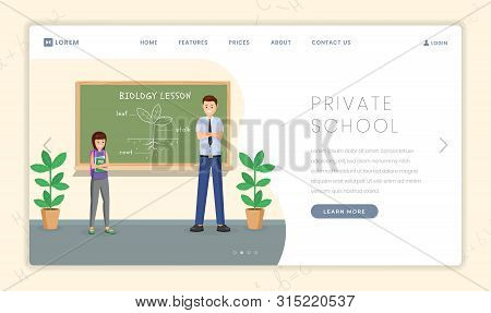 Private School Flat Landing Page Template. Cartoon Biology Teacher Explaining Plant Structure To Sch