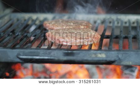 Grilled Burger Cutlet Beef Minced Meat Patties Or Frikadeller In A Pan. Street Food, Close Up