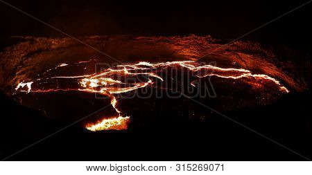 Panorama Of Erta Ale Volcano Crater, Melting Lava, Danakil Depression, Ethiopia