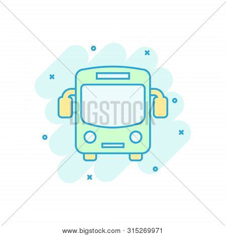 School Bus Icon In Comic Style. Autobus Vector Cartoon Illustration On White Isolated Background. Co