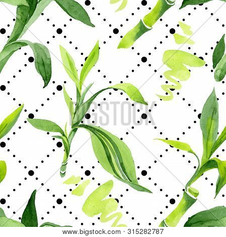 Bamboo Green Leaves. Watercolor Background Illustration Set. Seamless Background Pattern.