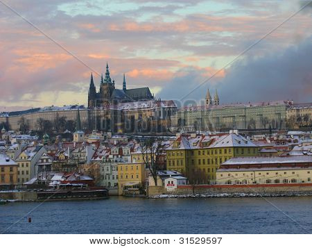 Prague winter skyline sunset