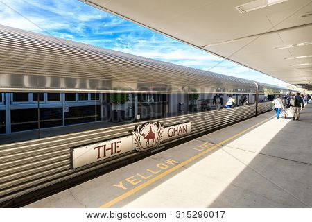 Adelaide Parklands Terminal, South Australia - August 4, 2019: The Ghan Train Ready To Depart For It
