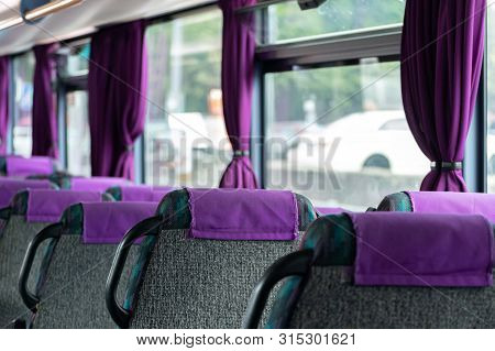 Comfortable Bus Seats Backs Without Passengers. Intercity Coach Services. New Bus Interior With Seat