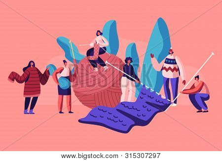 Tiny Female Characters Handcraft Hobby Concept. Women Knitwork, Girls With Huge Knitting Needles And