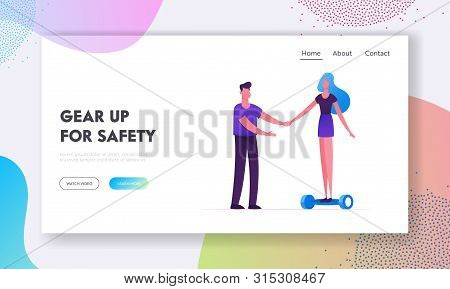 Eco Transport Website Landing Page. Woman Trying To Ride Modern Electric Hoverboard Or Self-balancin