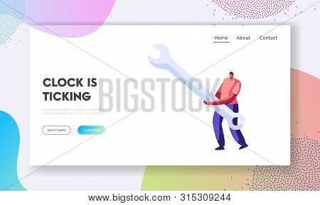 Technical Support Service Website Landing Page, Tiny Man Characters Holding Huge Wrench, Character W