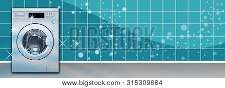 Washing Machine Front Loading In Empty Laundry Room Background Turquoise With Soap Bubbles. Front Vi