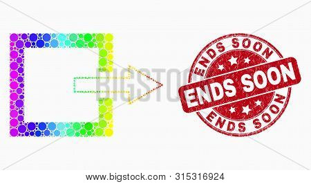 Dot Rainbow Gradiented Log Out Mosaic Icon And Ends Soon Seal Stamp. Red Vector Round Distress Seal 